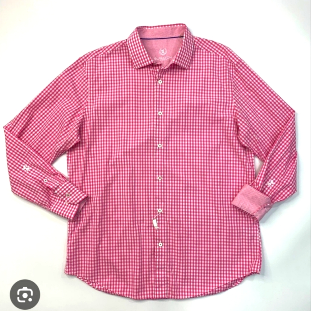 Bugatchi Uomo Pink Gingham long-sleeved polo